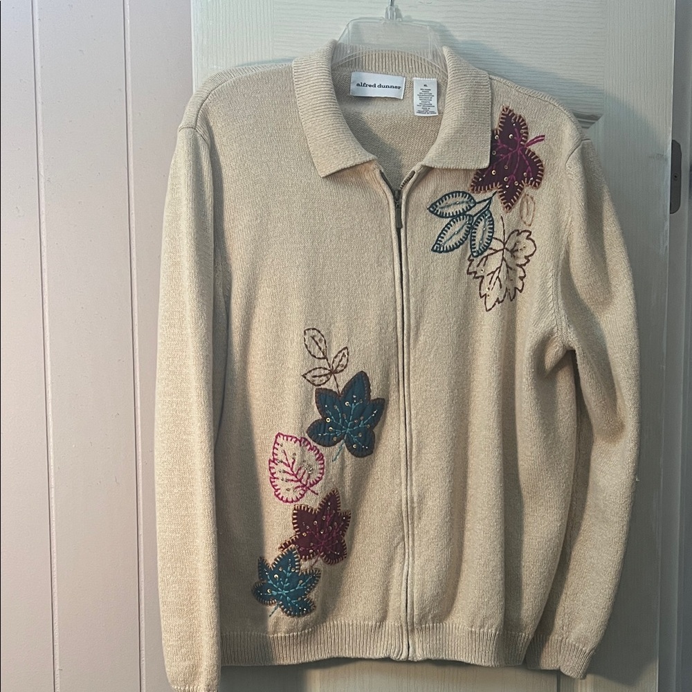 Alfred Dunner Cream Zip-Front Cardigan with Teal and Burgundy Floral Embroidery